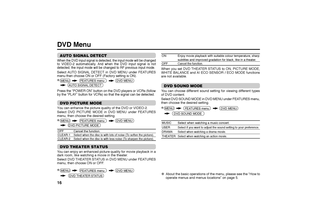 JVC AV-2988SE specifications DVD Menu, Auto Signal Detect, DVD Picture Mode, DVD Sound Mode, DVD Theater Status 