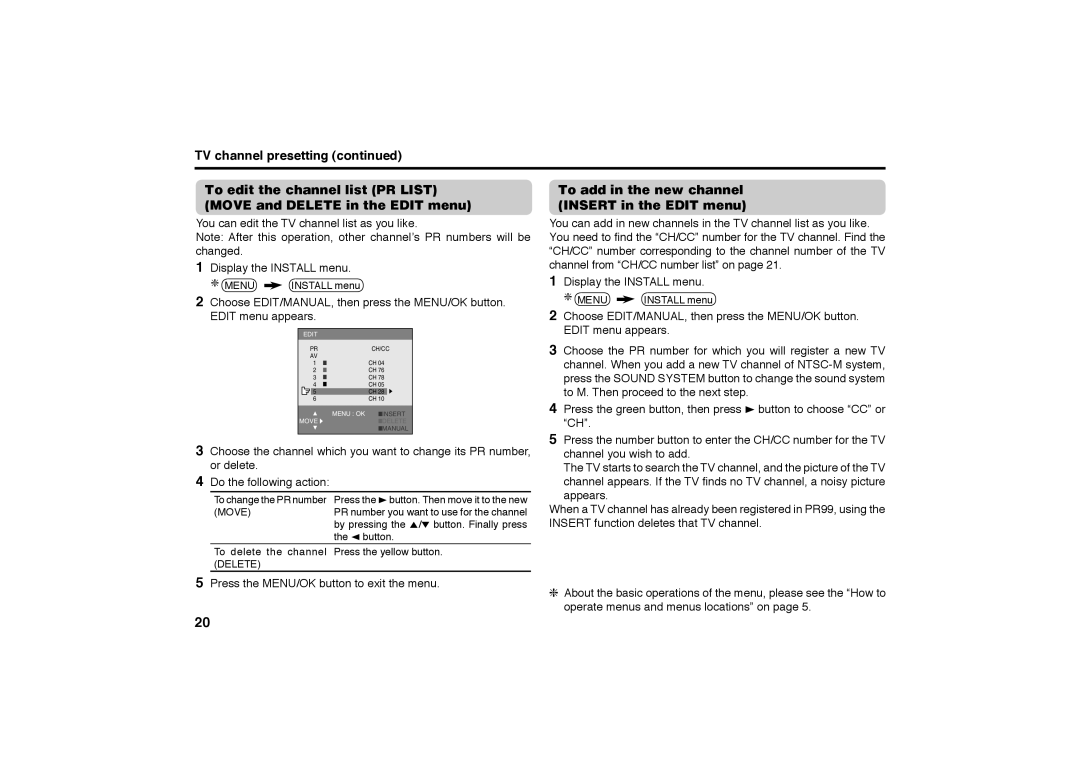 JVC AV-2988SE specifications To add in the new channel Insert in the Edit menu, Move 