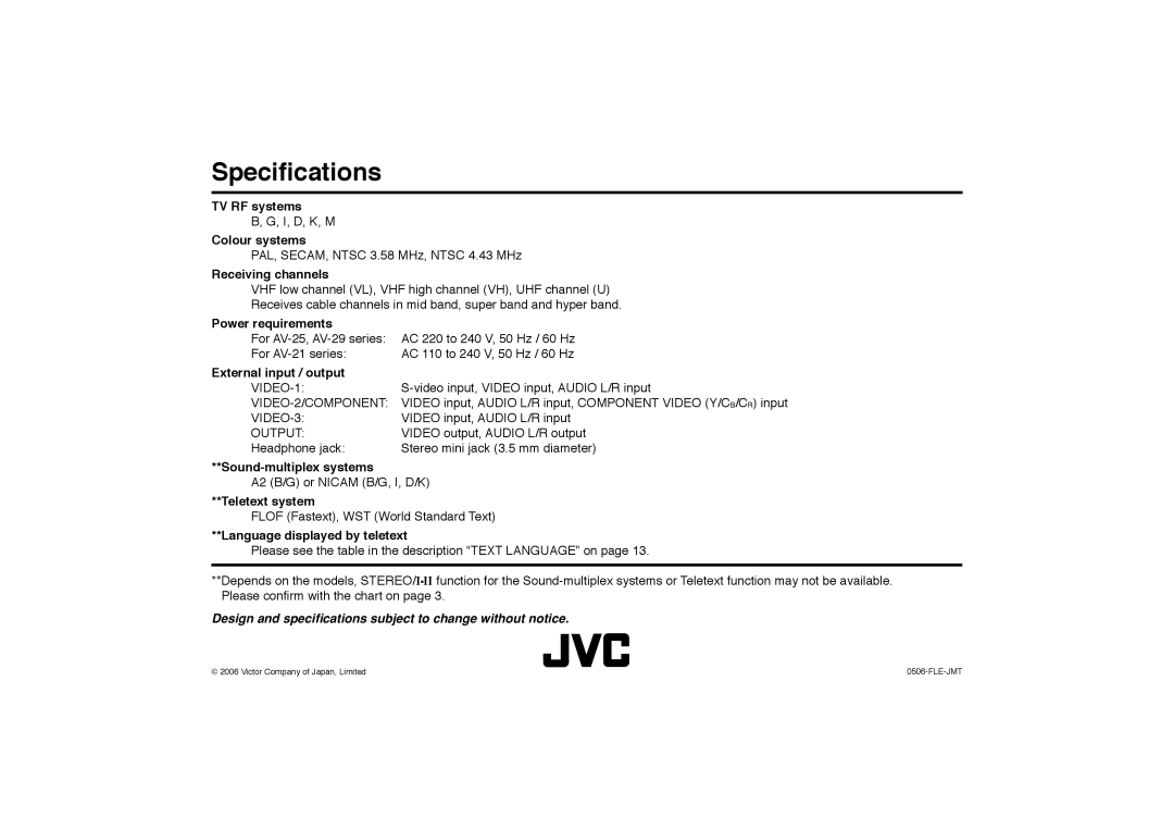 JVC AV-2988SE specifications Speciﬁcations 