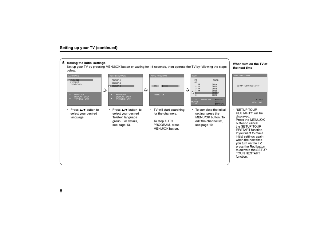 JVC AV-2988SE specifications Setting up your TV, Making the initial settings, When turn on the TV at the next time 