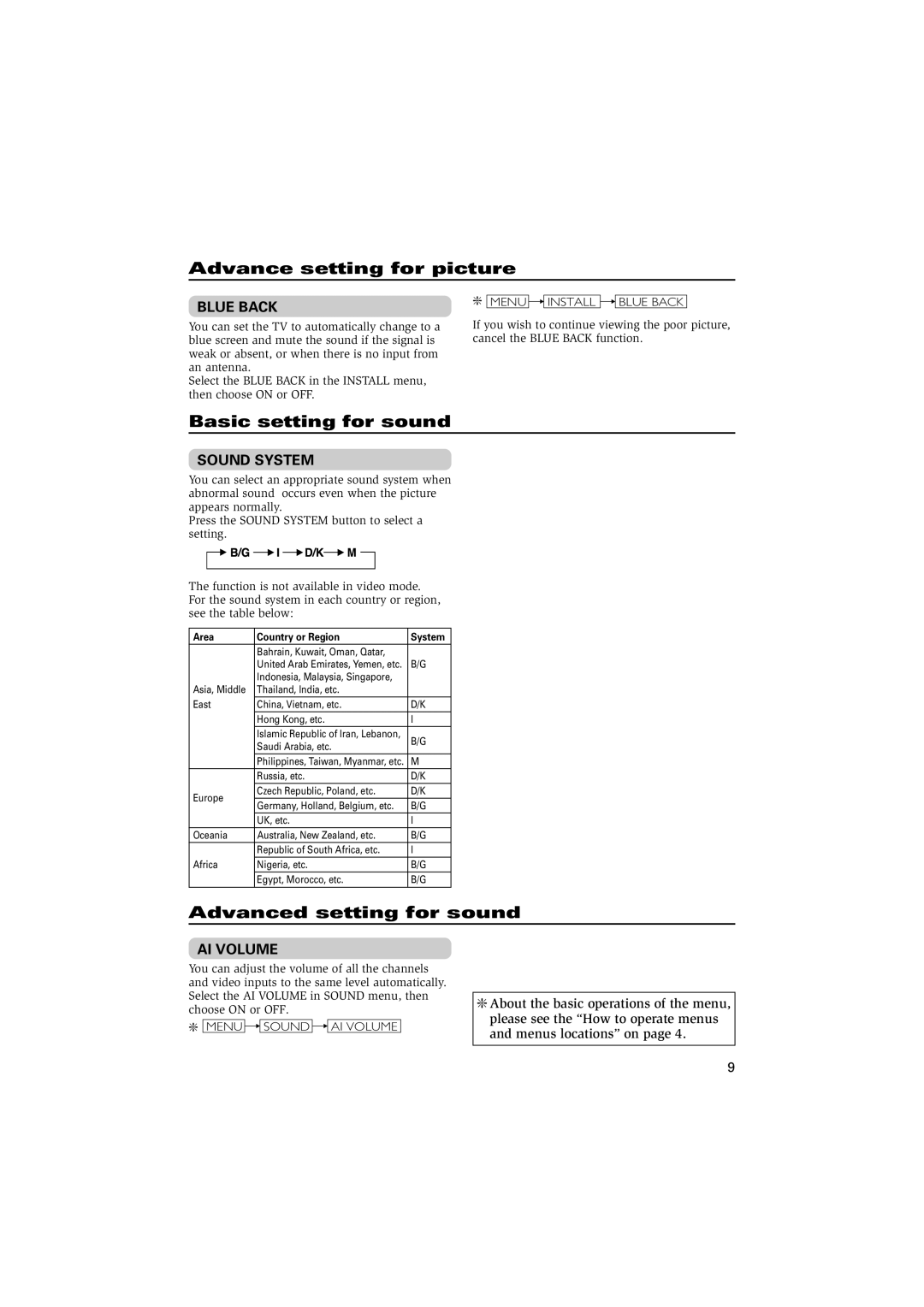 JVC AV-29J334, AV-21Y214, AV-16N214 Advance setting for picture, Basic setting for sound, Advanced setting for sound 