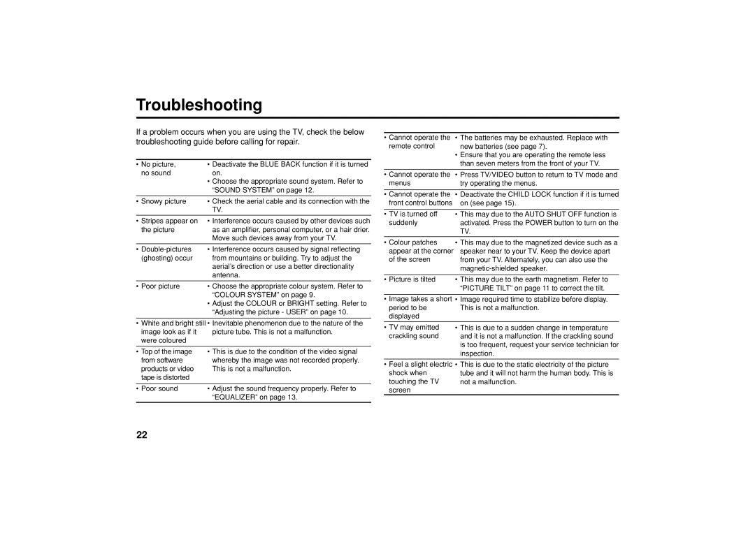 JVC AV-21L314, AV-29J334, AV-21Y214, AV-16N214, AV-17V214 specifications Troubleshooting 