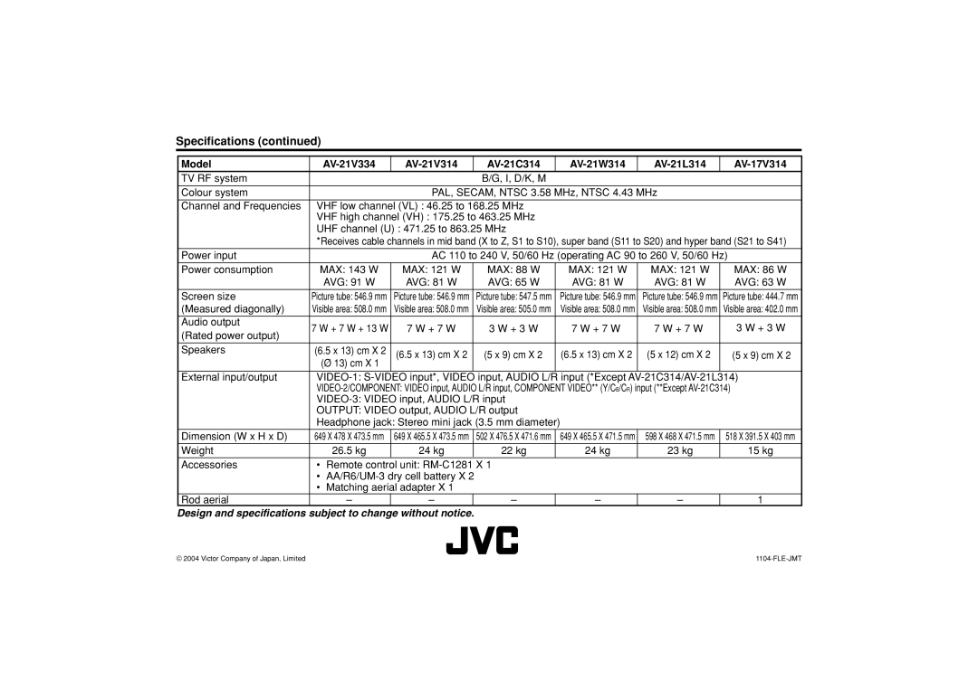 JVC AV-29J334, AV-21Y214, AV-16N214 Specifications, Audio output, + 7 W + 3 W Rated power output Speakers, Weight 26.5 kg 