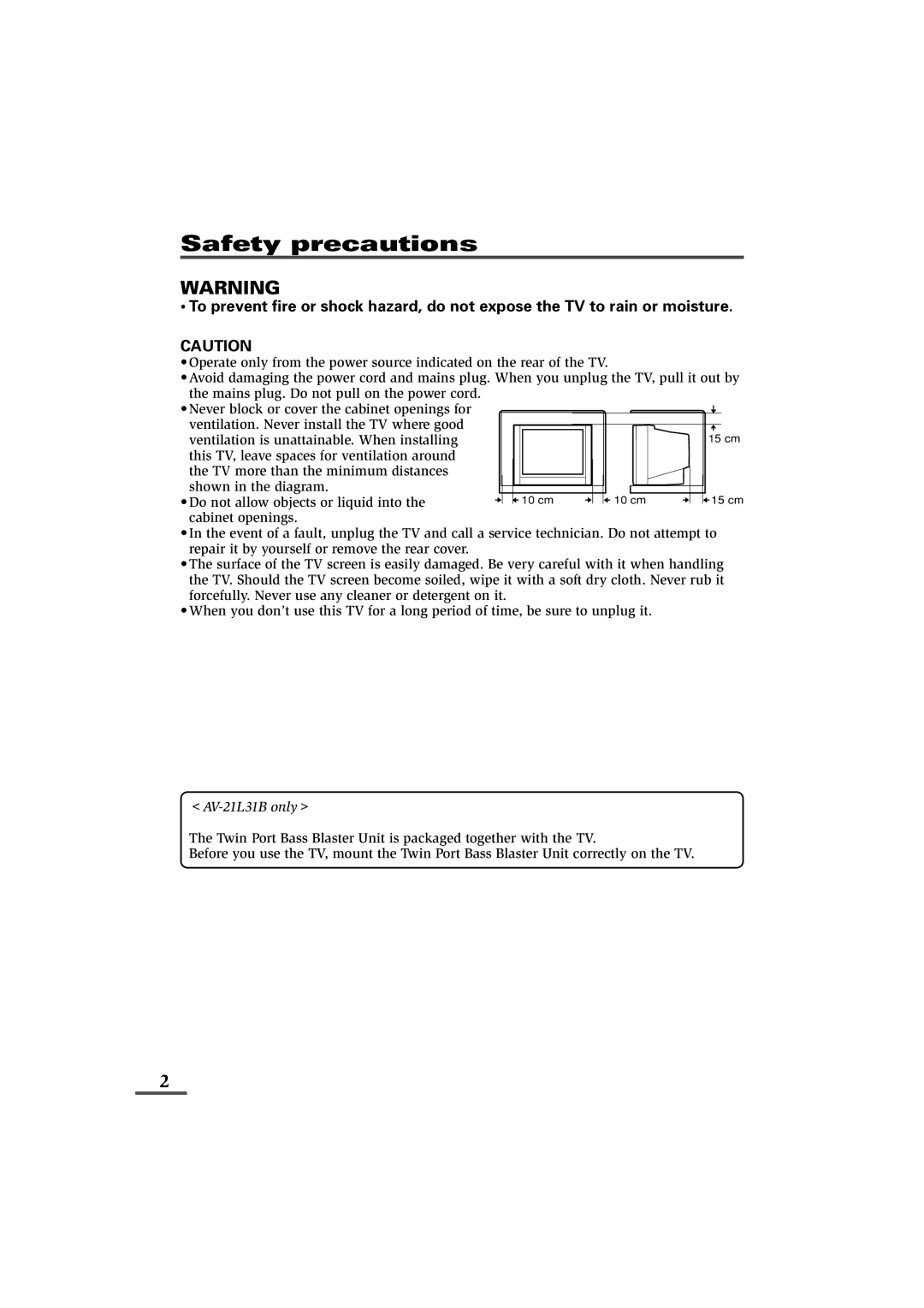 JVC AV-29L31B specifications Safety precautions, AV-21L31B only 