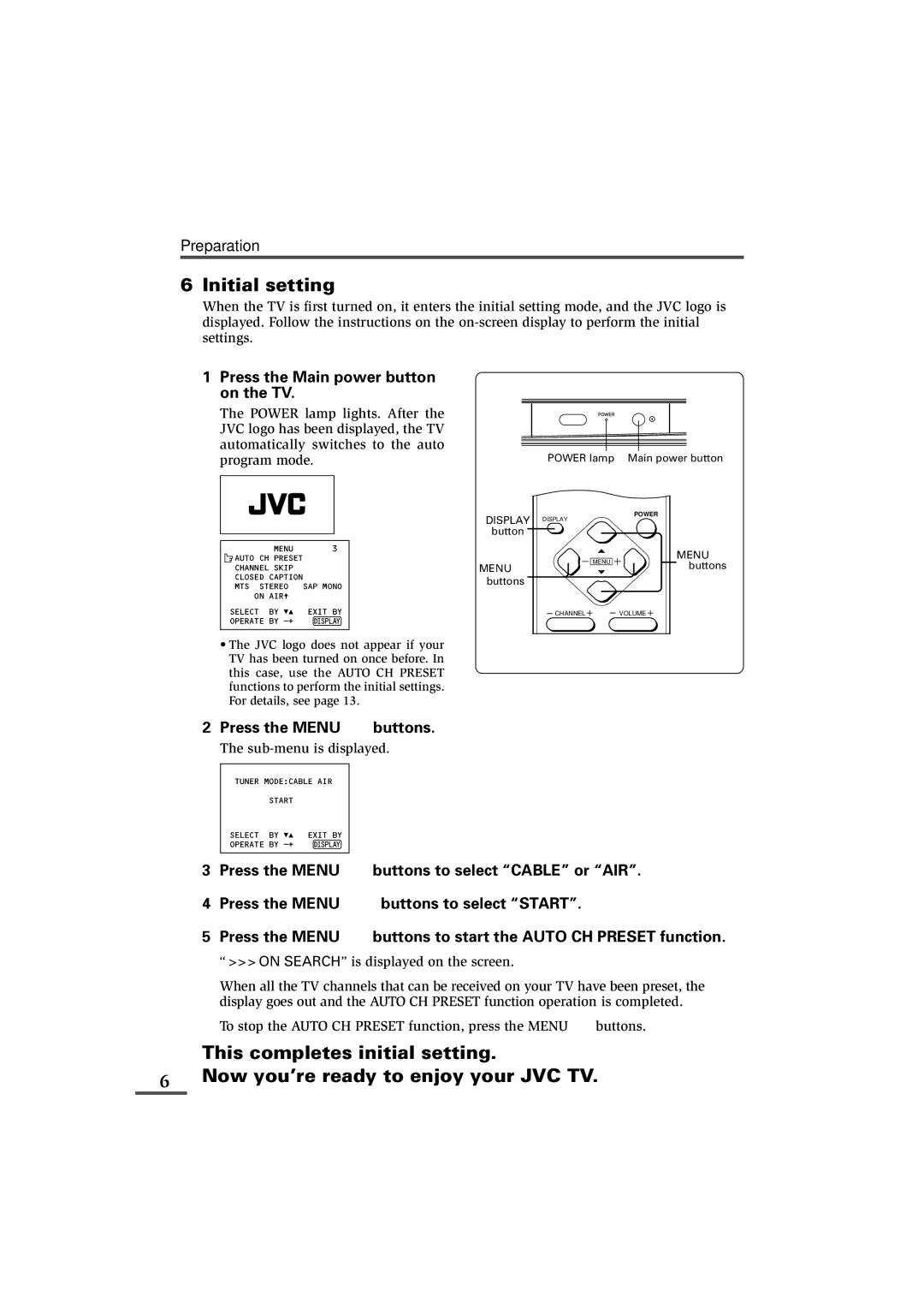 JVC AV-29L31B, AV-21L31B specifications Initial setting 