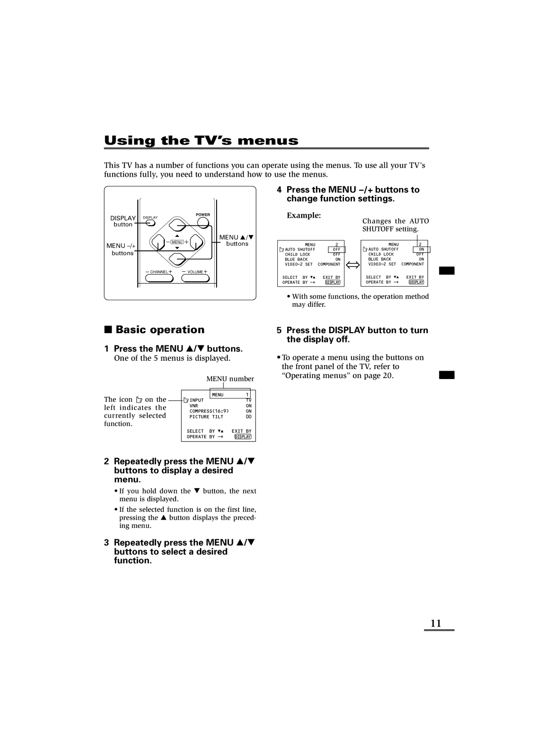 JVC AV-21L81B, AV-29L81B Using the TV’s menus, Basic operation, Press the Menu Mbuttons to change function settings 