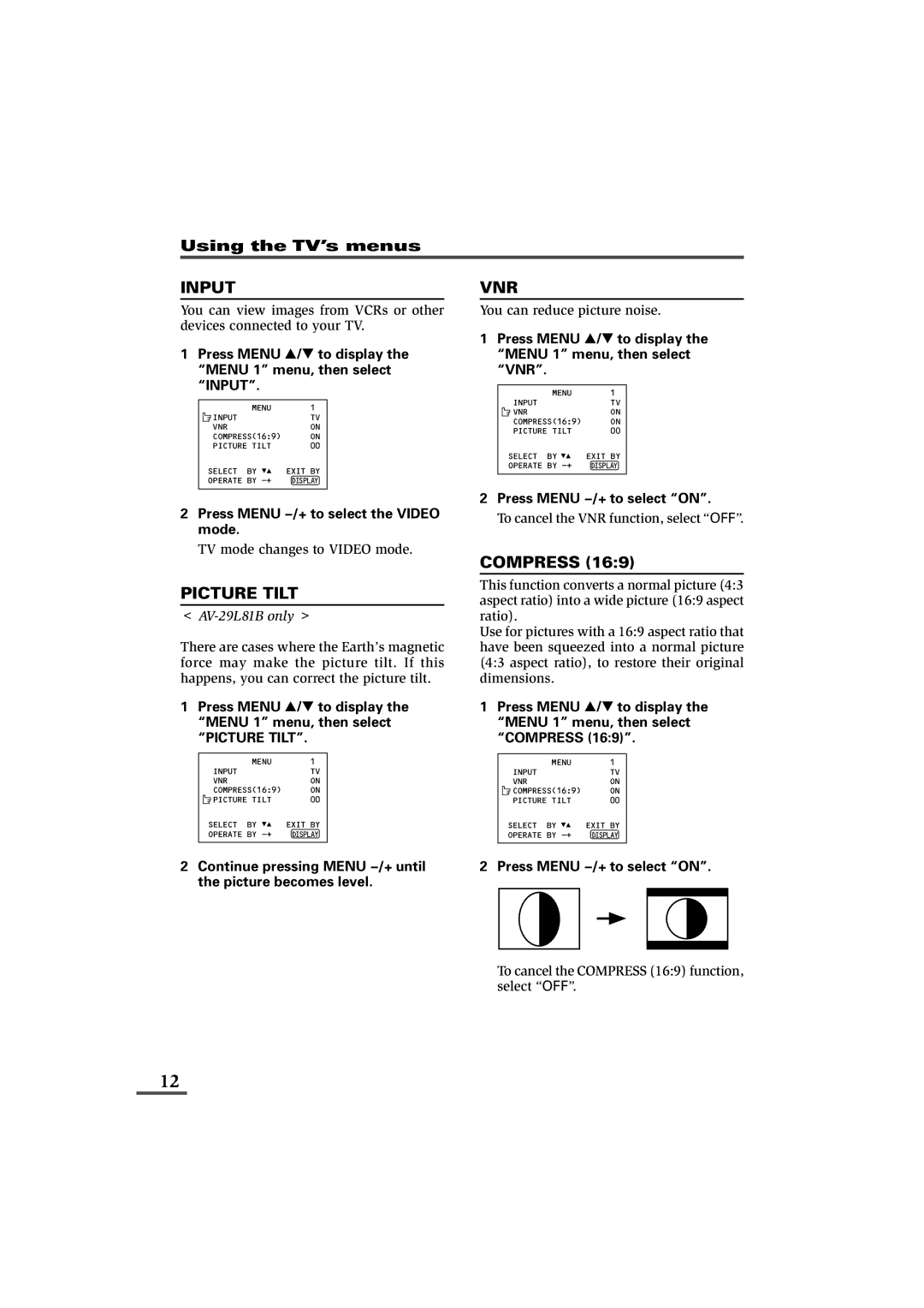 JVC AV-29L81B, AV-25L81B, AV-21L81B specifications Input, Picture Tilt, Vnr, Compress 