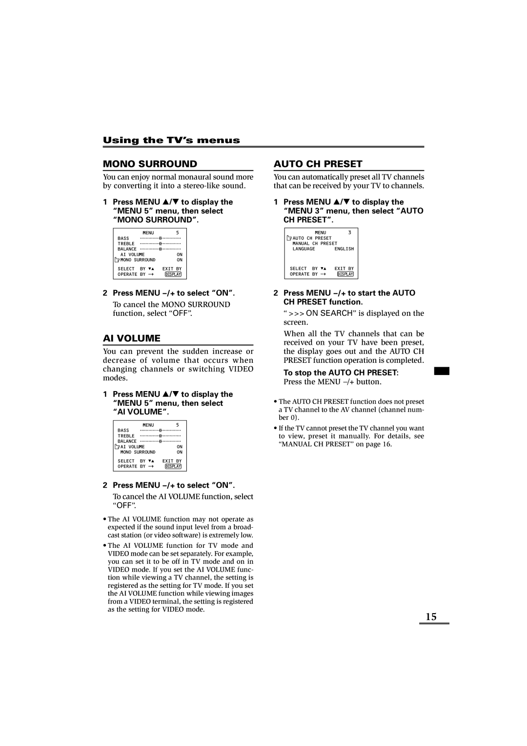 JVC AV-21L81B Mono Surround, AI Volume, Press Menu Mto start the Auto CH Preset function, To stop the Auto CH Preset 