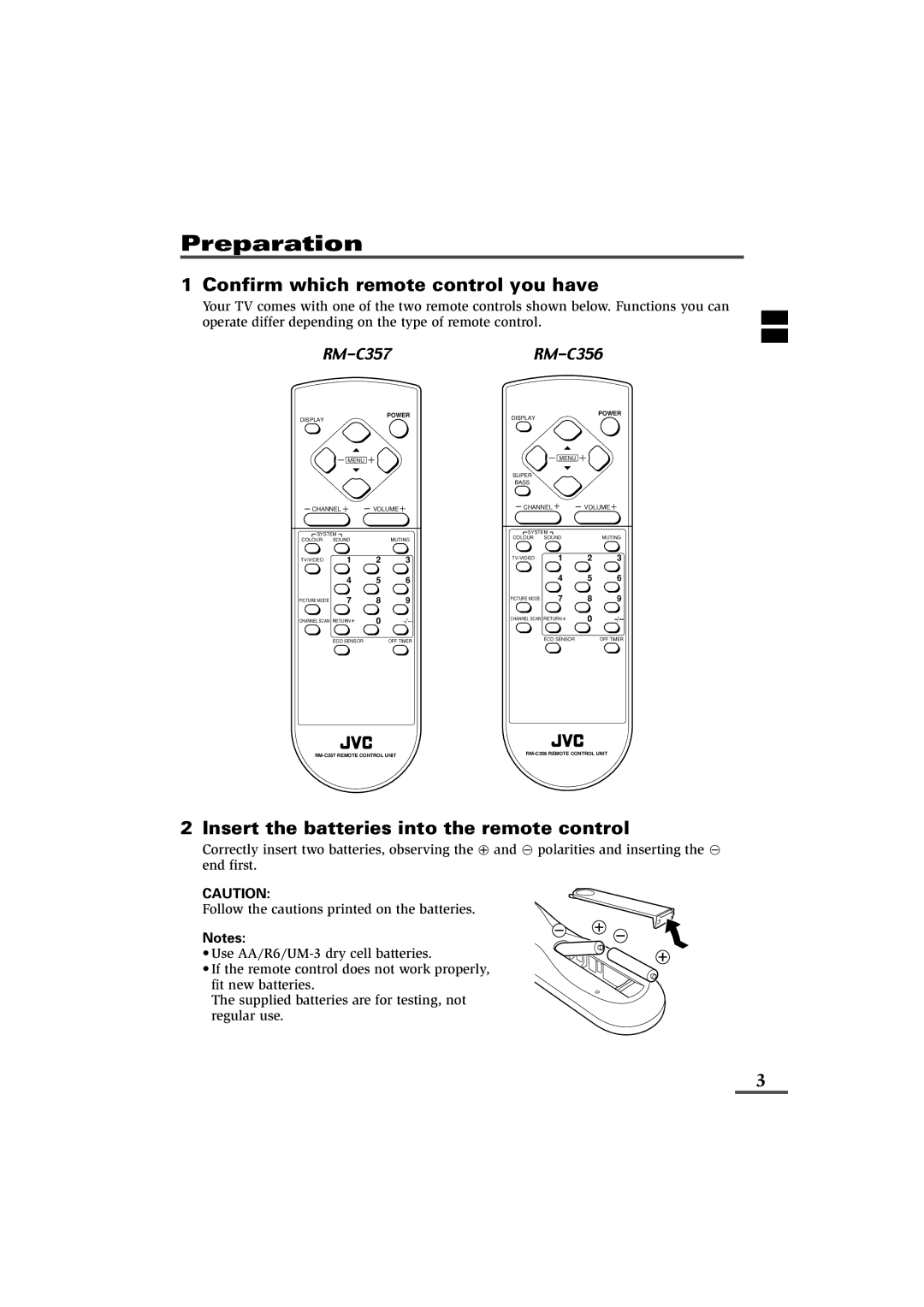 JVC AV-21L81B, AV-29L81B Preparation, Confirm which remote control you have, Insert the batteries into the remote control 