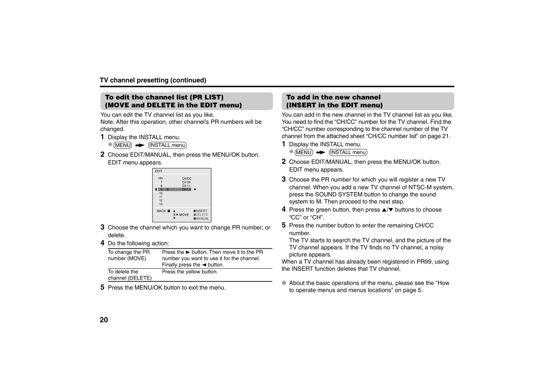 JVC AV-29LS24 specifications To add in the new channel Insert in the Edit menu, Press the MENU/OK button to exit the menu 