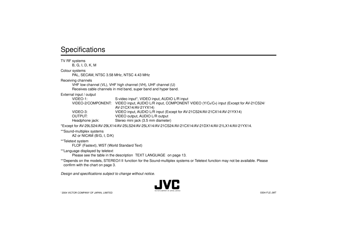 JVC AV-29LS24 specifications Specifications 