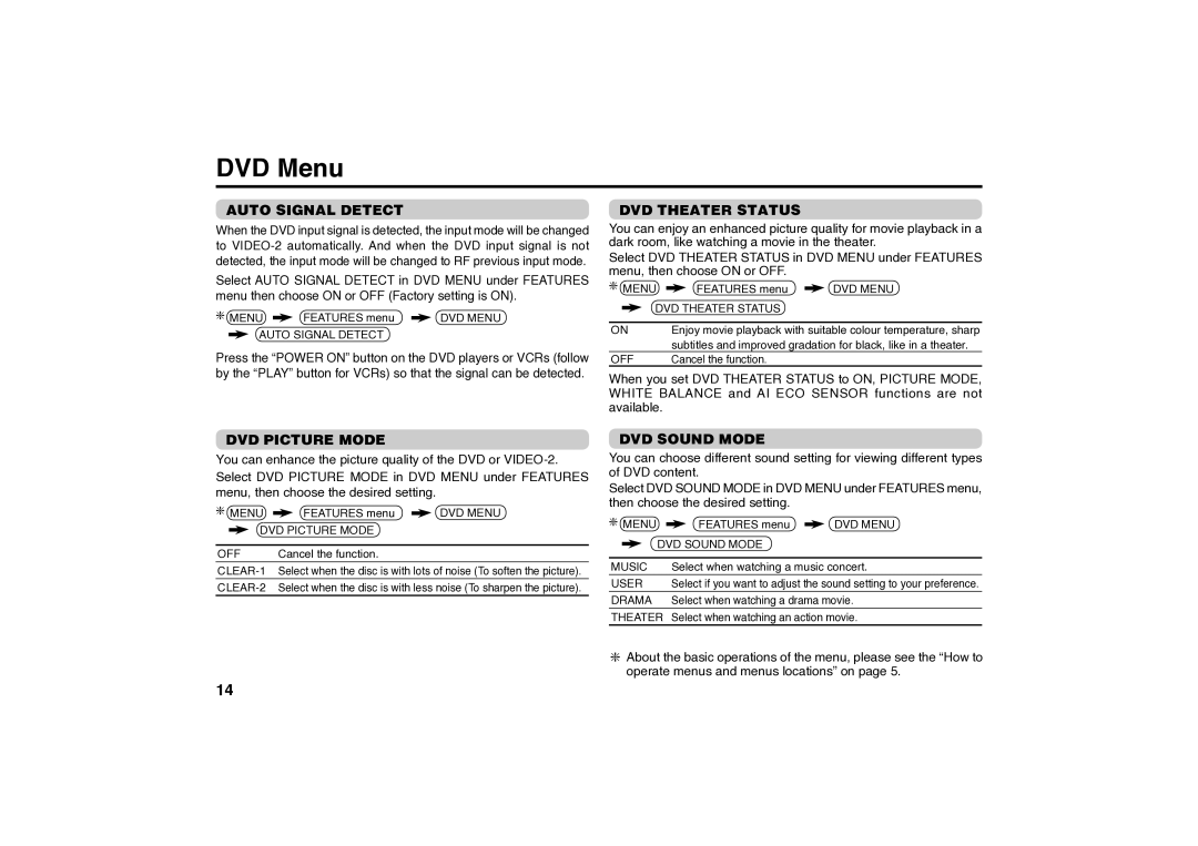 JVC AV-21MS16 specifications DVD Menu, Auto Signal Detect, DVD Theater Status, DVD Picture Mode, DVD Sound Mode 