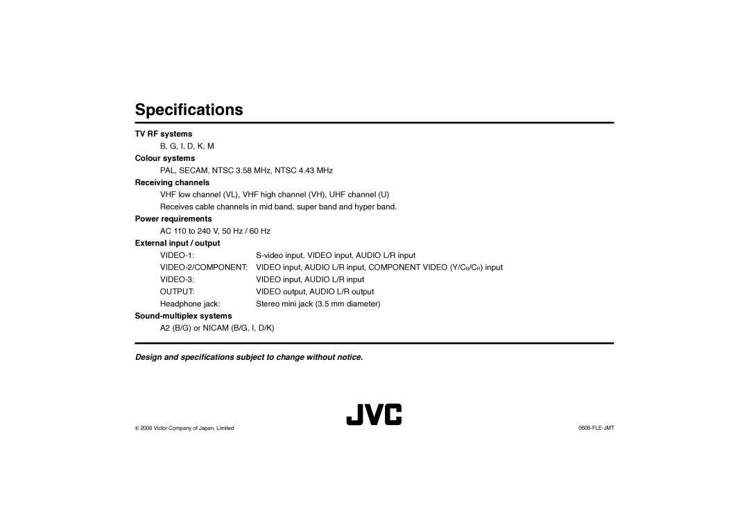 JVC AV-29MS16, AV-29SS16, AV-25MS16, AV-21MS16 specifications Speciﬁcations, Receiving channels 