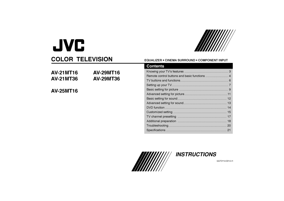 JVC AV-21MT36, AV-29MT36 specifications Color Television 