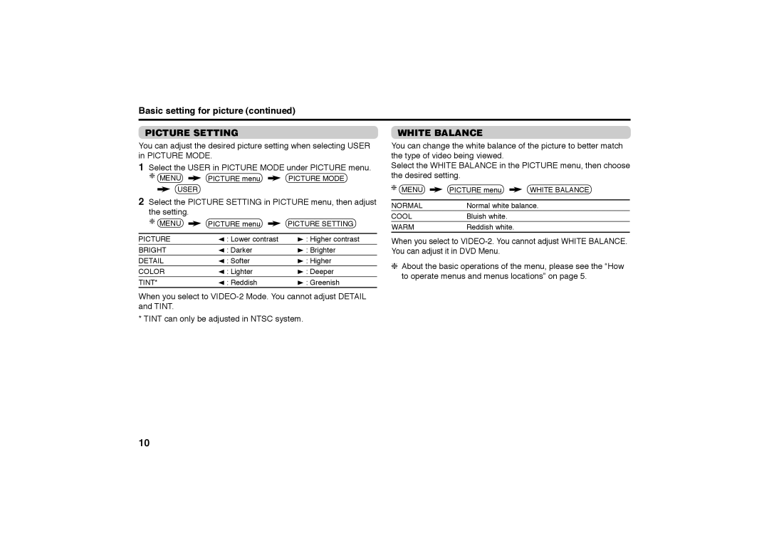 JVC AV-29MT36, AV-21MT36 specifications Basic setting for picture, Picture Setting White Balance 