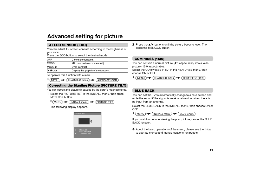 JVC AV-21MT36 Advanced setting for picture, AI ECO Sensor ECO, Correcting the Slanting Picture Picture Tilt, Compress 