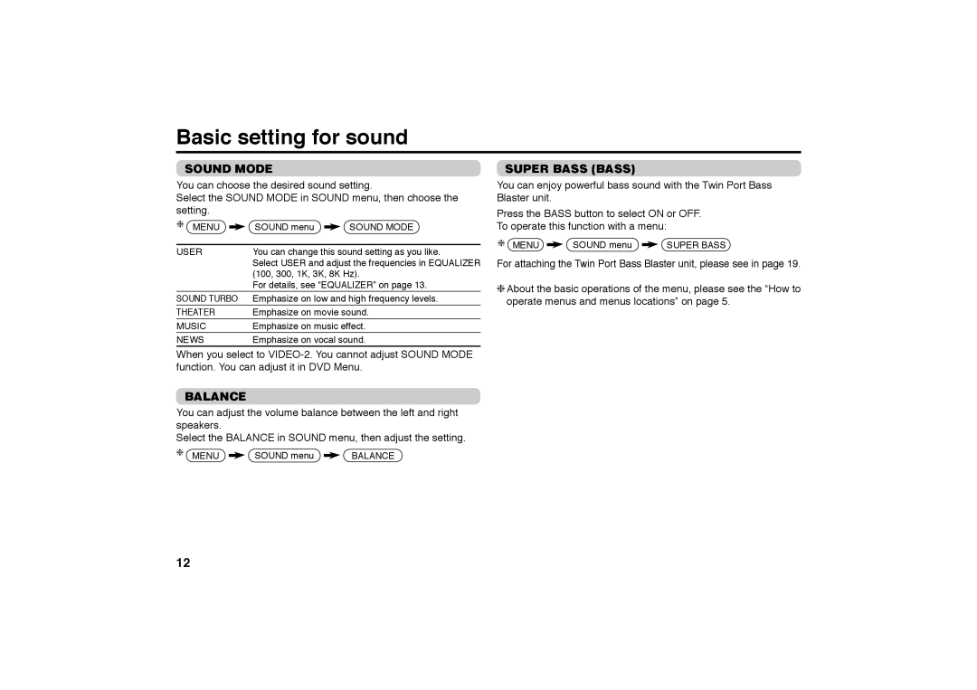 JVC AV-29MT36, AV-21MT36 specifications Basic setting for sound, Sound Mode, Balance, Super Bass Bass 