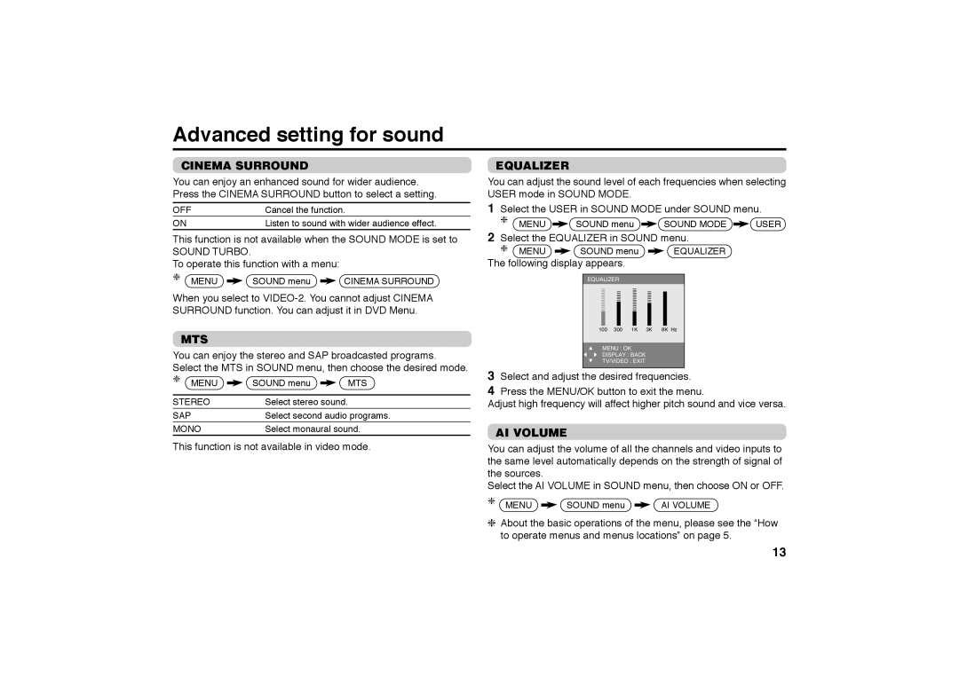 JVC AV-21MT36, AV-29MT36 specifications Advanced setting for sound, Cinema Surround, Mts, Equalizer, AI Volume 