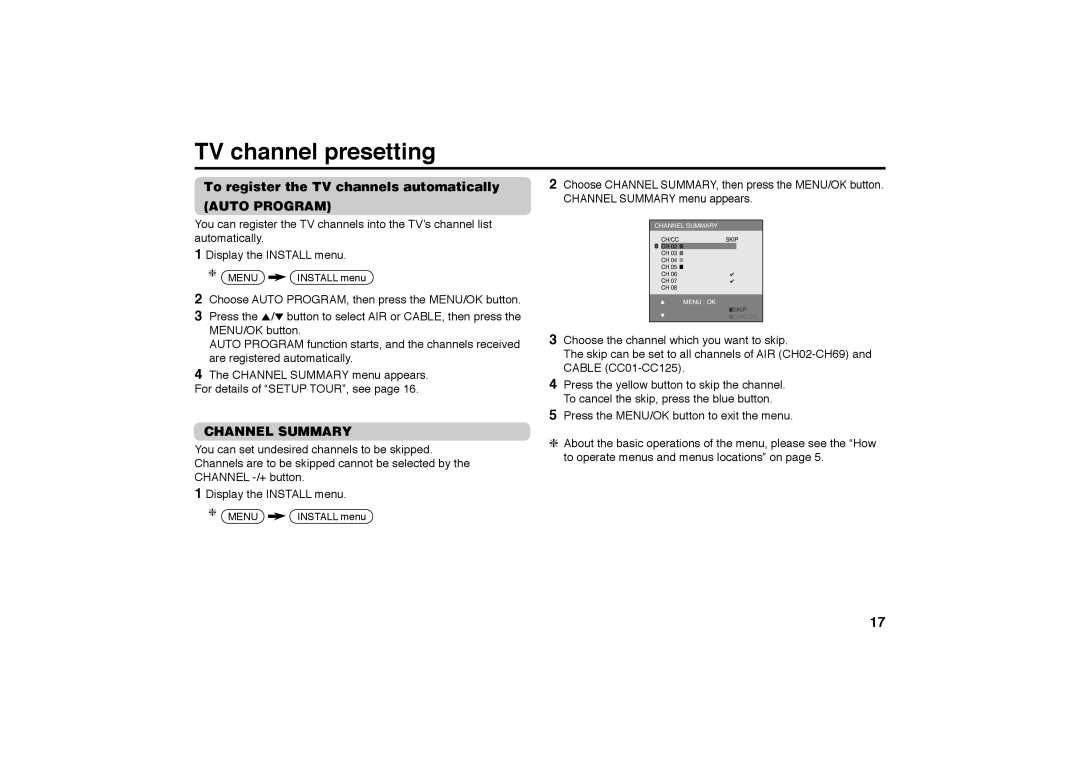 JVC AV-21MT36, AV-29MT36 TV channel presetting, To register the TV channels automatically, Auto Program, Channel Summary 