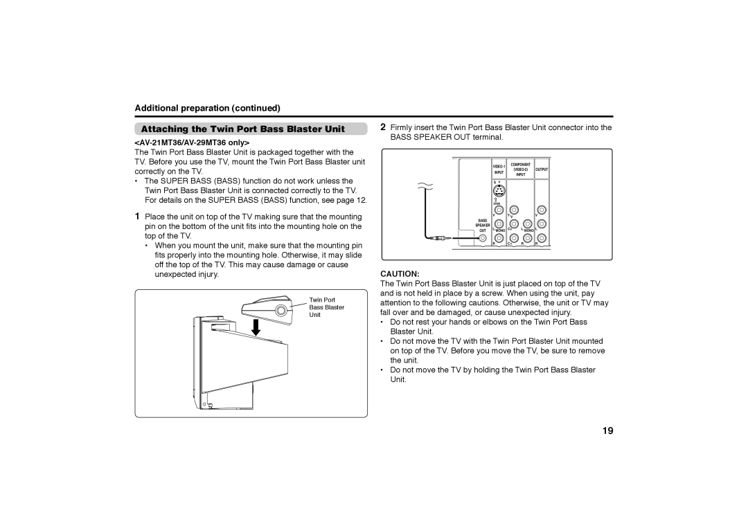 JVC AV-21MT36, AV-29MT36 specifications Correctly on the TV, Pin on the bottom of the unit ﬁts into the mounting hole on 