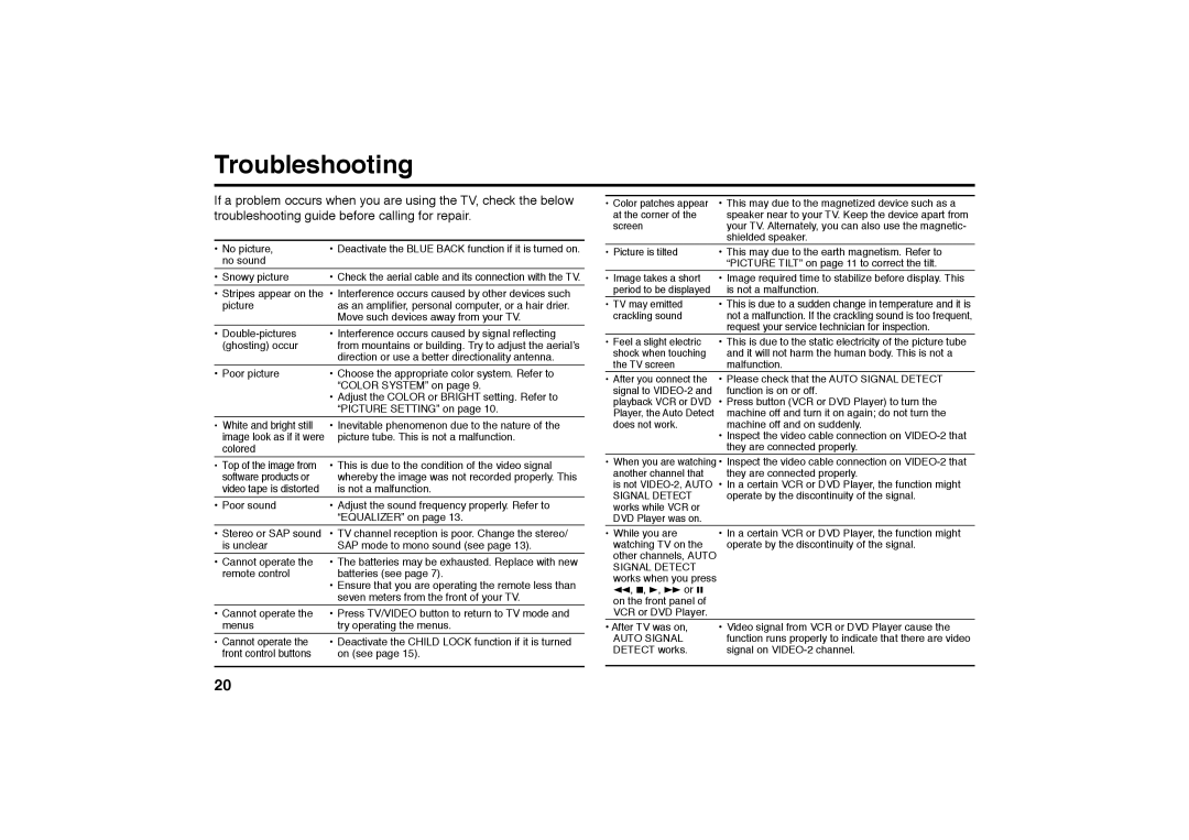 JVC AV-29MT36, AV-21MT36 specifications Troubleshooting, This may due to the magnetized device such as a 