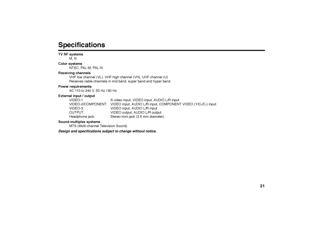 JVC AV-21MT36, AV-29MT36 specifications Speciﬁcations 