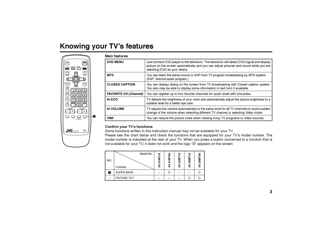 JVC AV-21MT36, AV-29MT36 specifications Knowing your TV’s features, Main features, Conﬁrm your TV’s functions 