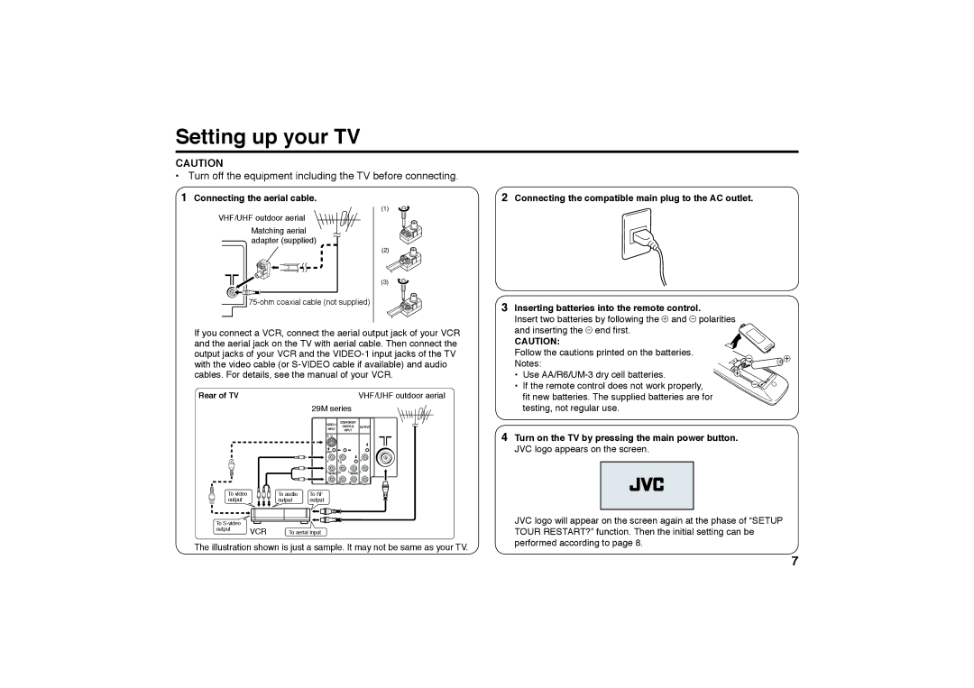 JVC AV-21MT36, AV-29MT36 specifications Setting up your TV, Connecting the aerial cable, JVC logo appears on the screen 