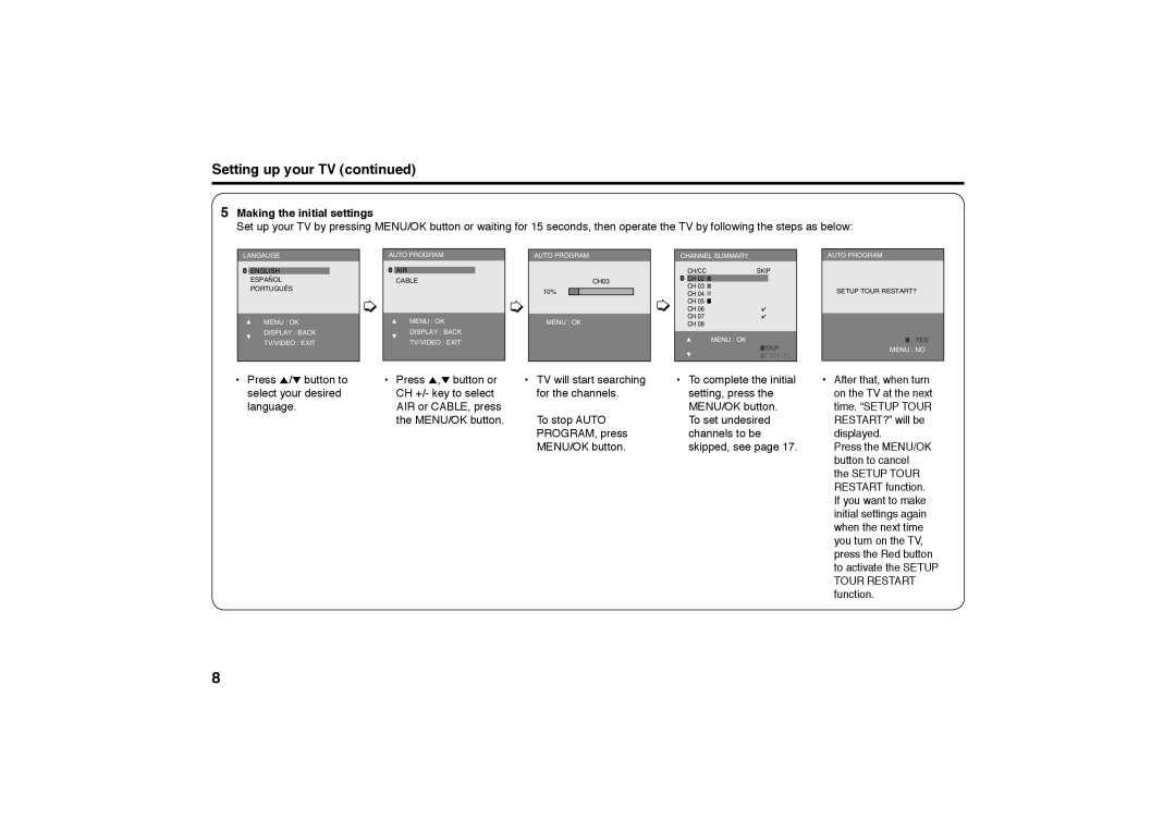 JVC AV-29MT36, AV-21MT36 specifications Setting up your TV, Making the initial settings 