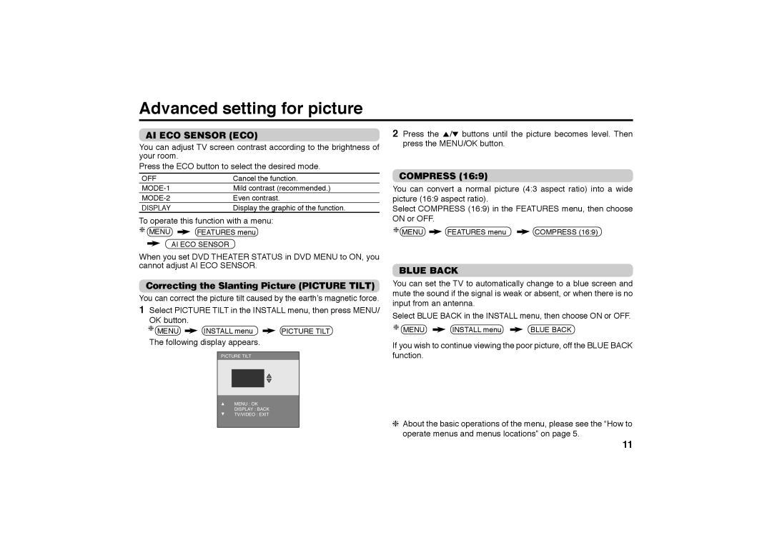 JVC AV-25MX76, AV-29SX76, AV-29SX56, AV-29SS26, AV-25MX16, AV-25MS26, AV-25MX56 Advanced setting for picture, AI ECO Sensor ECO 