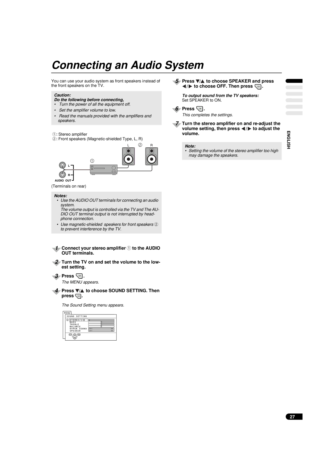 JVC AV-29TX1EP, AV-29TX1EPS manual Connecting an Audio System, Press / to choose Sound SETTING. Then press OK 