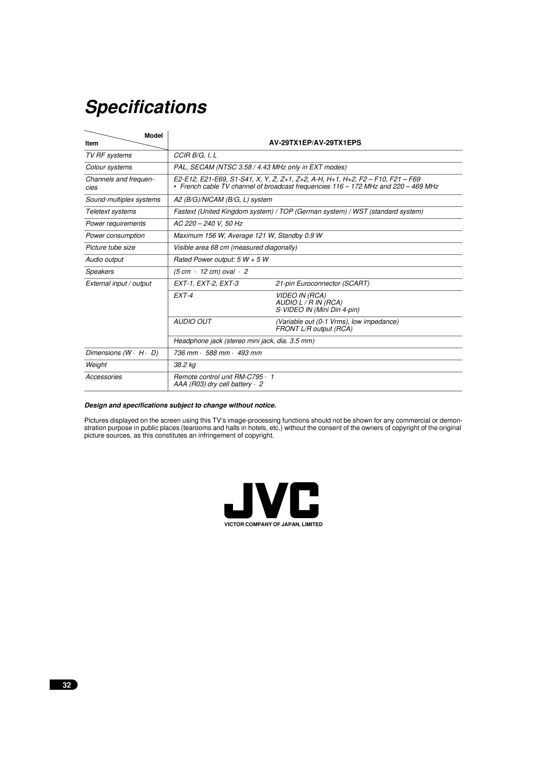 JVC AV-29TX1EP, AV-29TX1EPS manual Specifications, Design and specifications subject to change without notice 