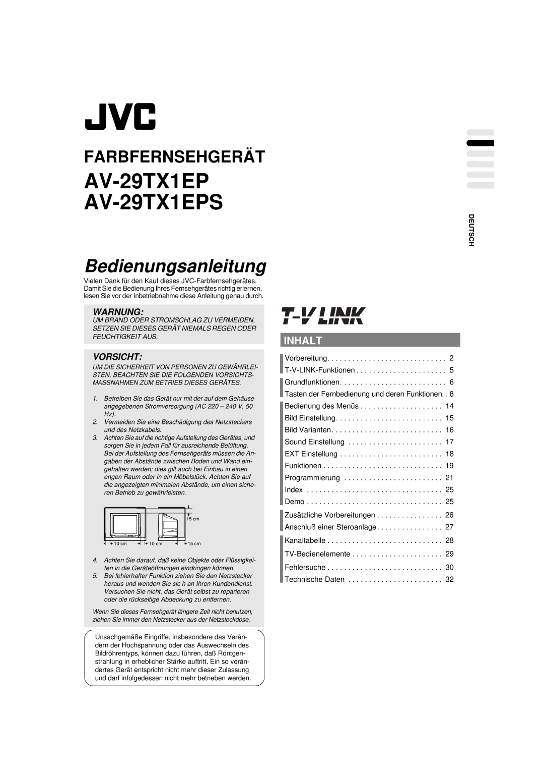 JVC AV-29TX1EP, AV-29TX1EPS manual Bedienungsanleitung, Warnung 