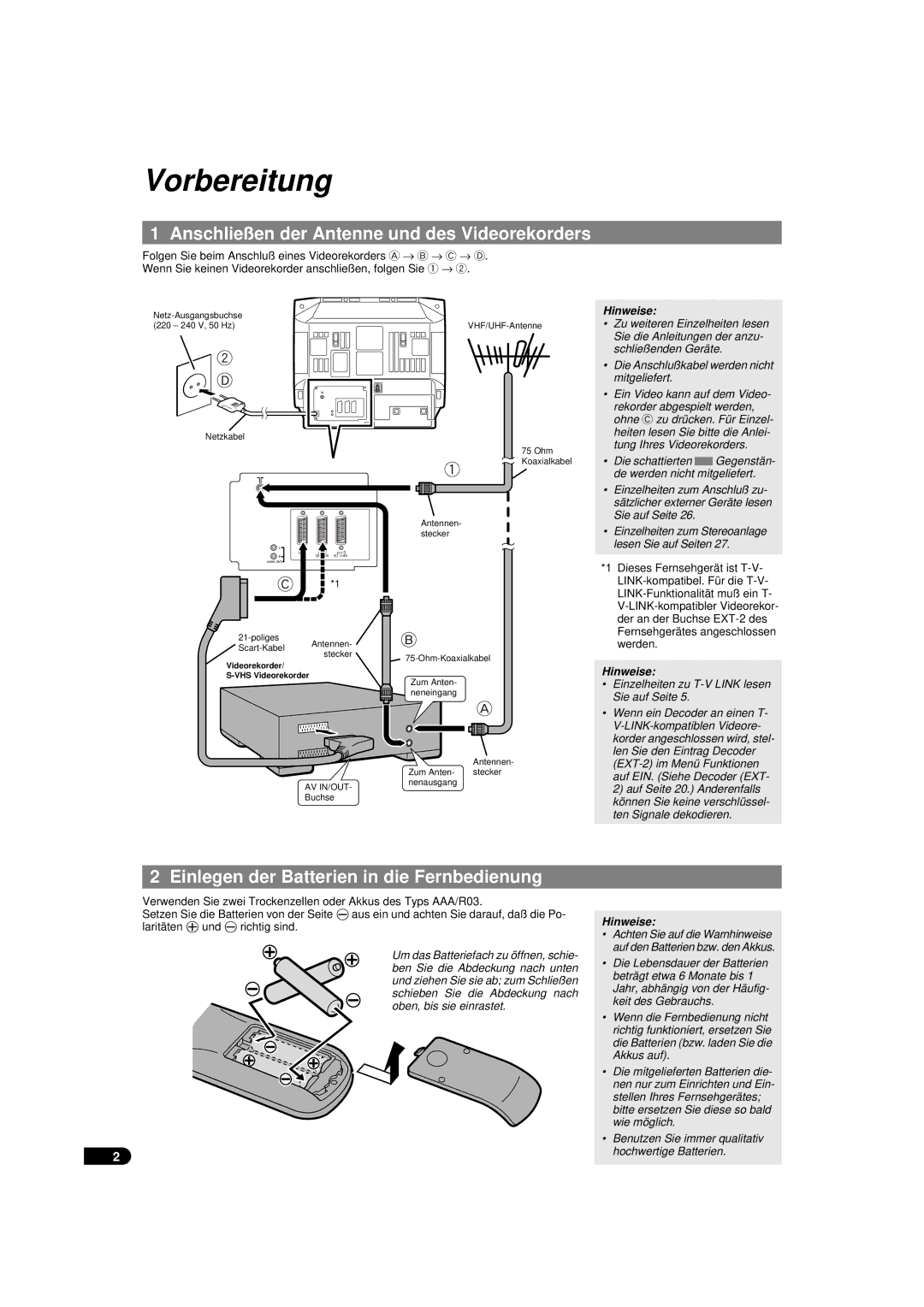 JVC AV-29TX1EP, AV-29TX1EPS manual Vorbereitung, Anschließen der Antenne und des Videorekorders, Hinweise 