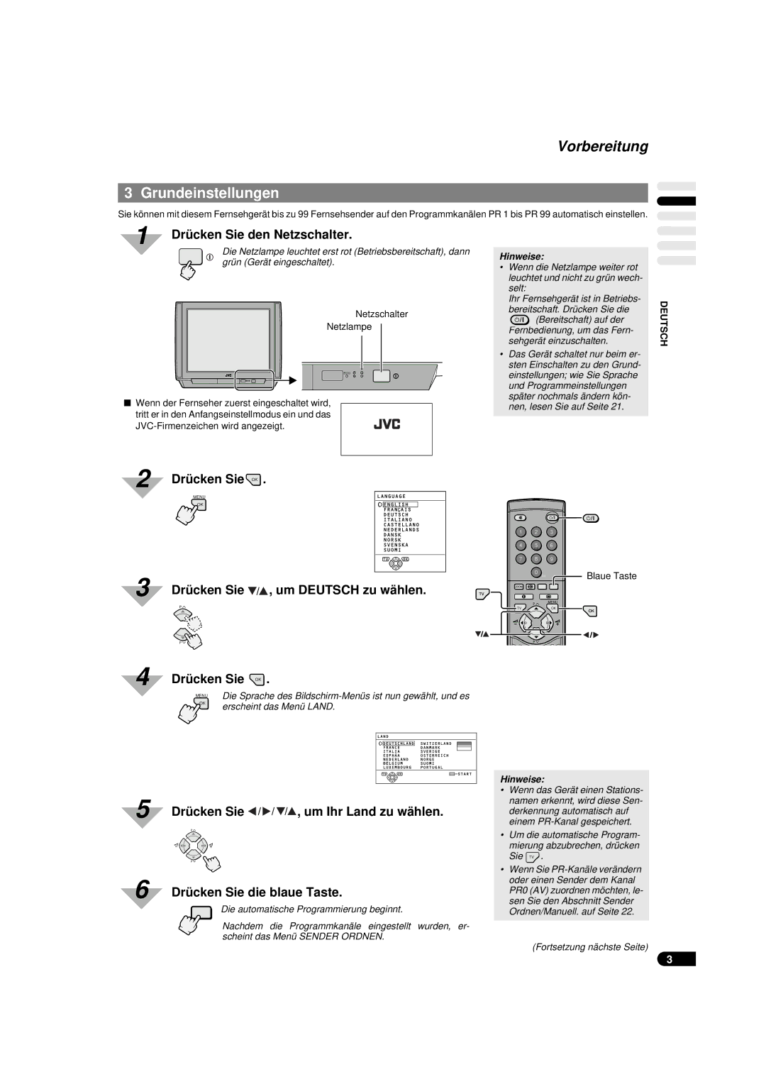 JVC AV-29TX1EP, AV-29TX1EPS manual Vorbereitung, Grundeinstellungen, Drücken Sie OK, Drücken Sie / , um Deutsch zu wählen 