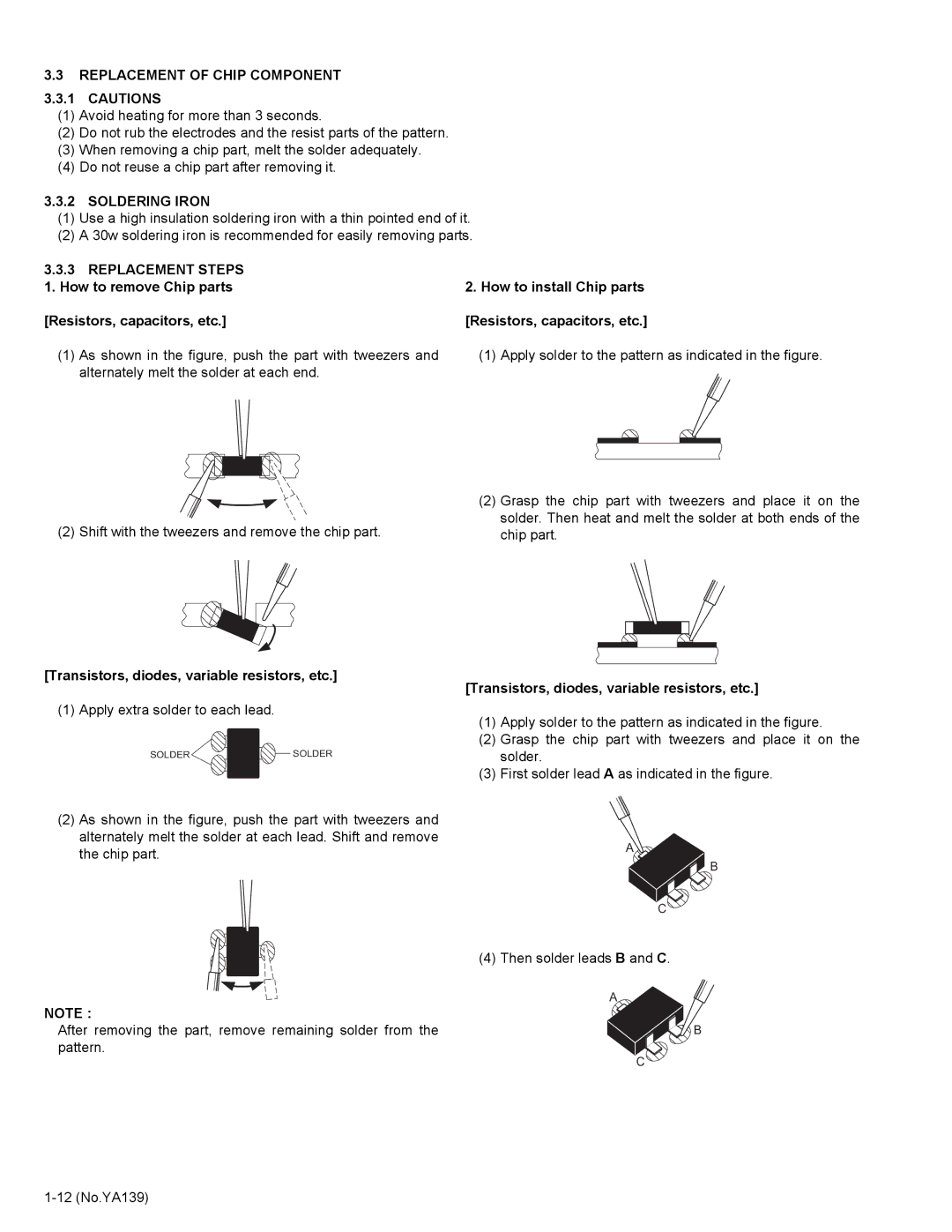 JVC AV-29V514/B Replacement of Chip Component, Soldering Iron, How to install Chip parts Resistors, capacitors, etc 