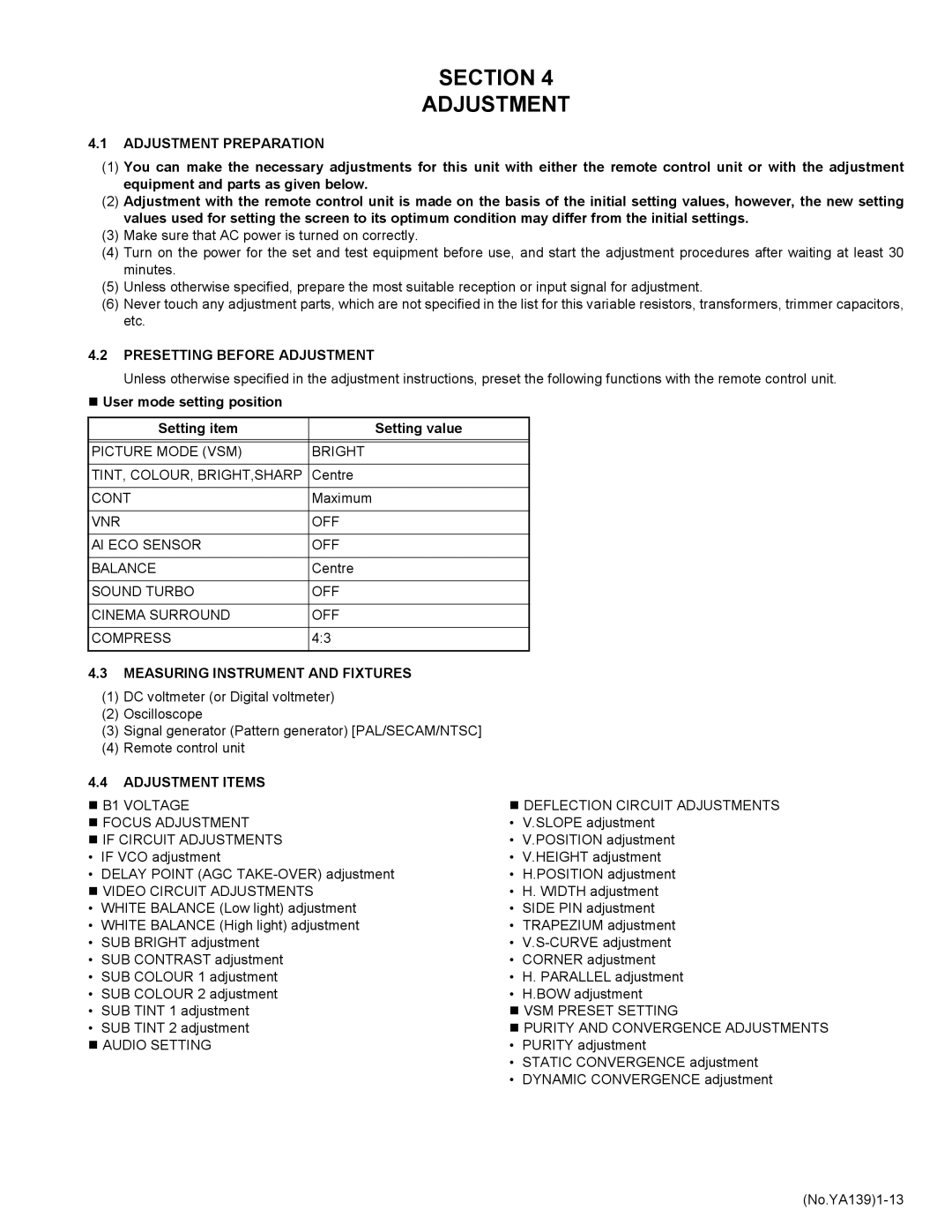 JVC AV-29V514/B service manual Section Adjustment, Adjustment Preparation, Presetting Before Adjustment, Adjustment Items 