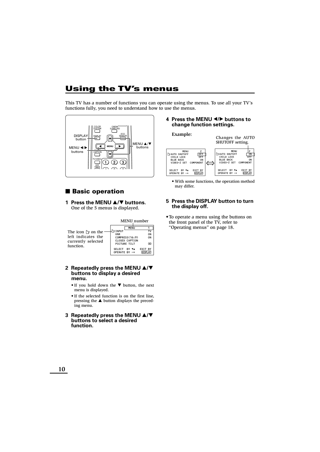 JVC AV-29W33B, AV-25L33B, AV-21W33B Using the TV’s menus, Basic operation, One of the 5 menus is displayed 