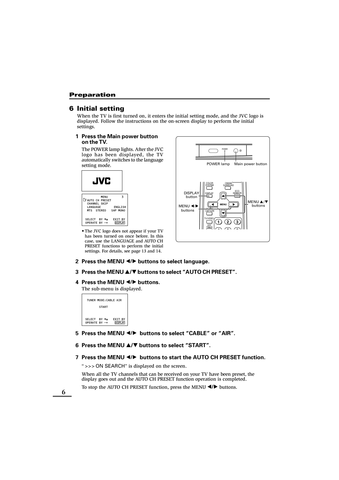 JVC AV-29W33B, AV-25L33B, AV-21W33B specifications Initial setting, Sub-menu is displayed 