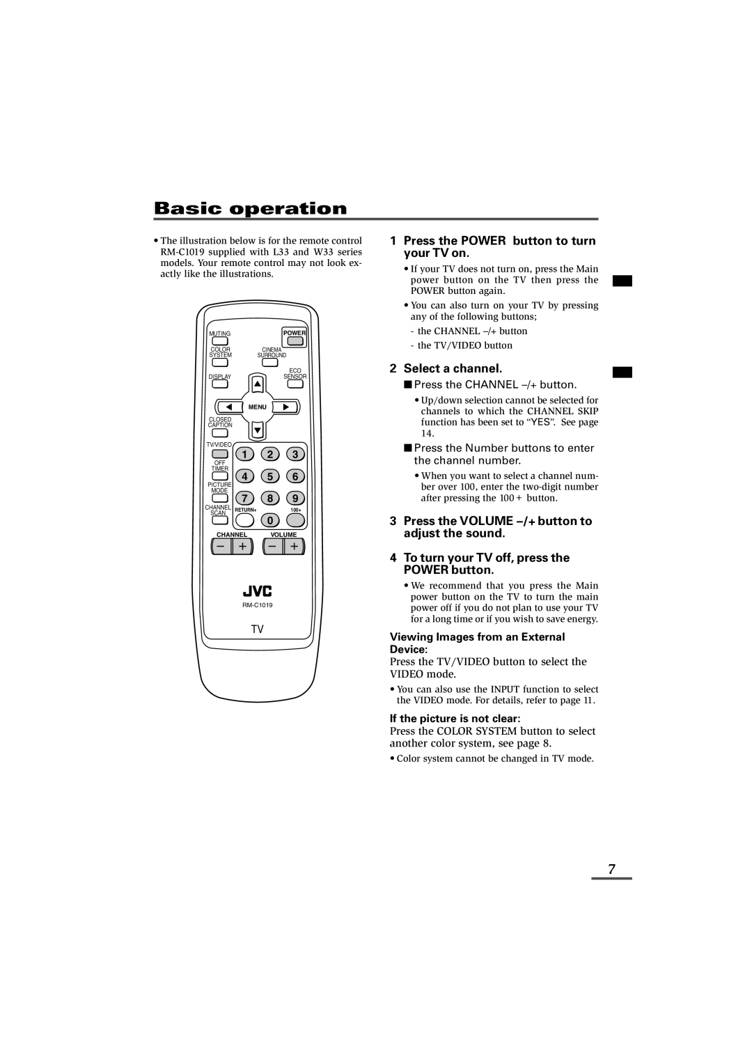 JVC AV-29W33 Basic operation, Viewing Images from an External Device, Press the TV/VIDEO button to select the Video mode 