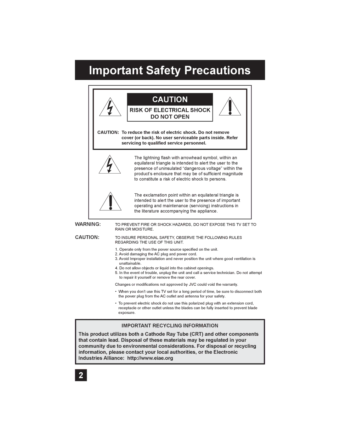 JVC AV-30W475 manual Important Safety Precautions, Risk of Electrical Shock Do not Open 