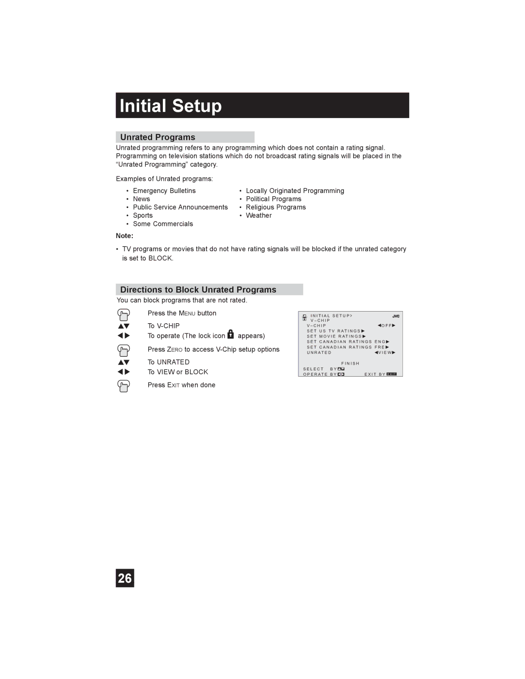 JVC AV-30W475 manual Directions to Block Unrated Programs 