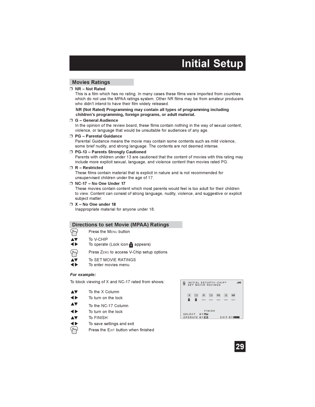 JVC AV-30W475 manual Movies Ratings, Directions to set Movie Mpaa Ratings 