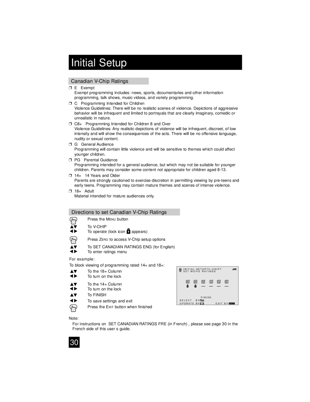 JVC AV-30W475 manual Directions to set Canadian V-Chip Ratings 