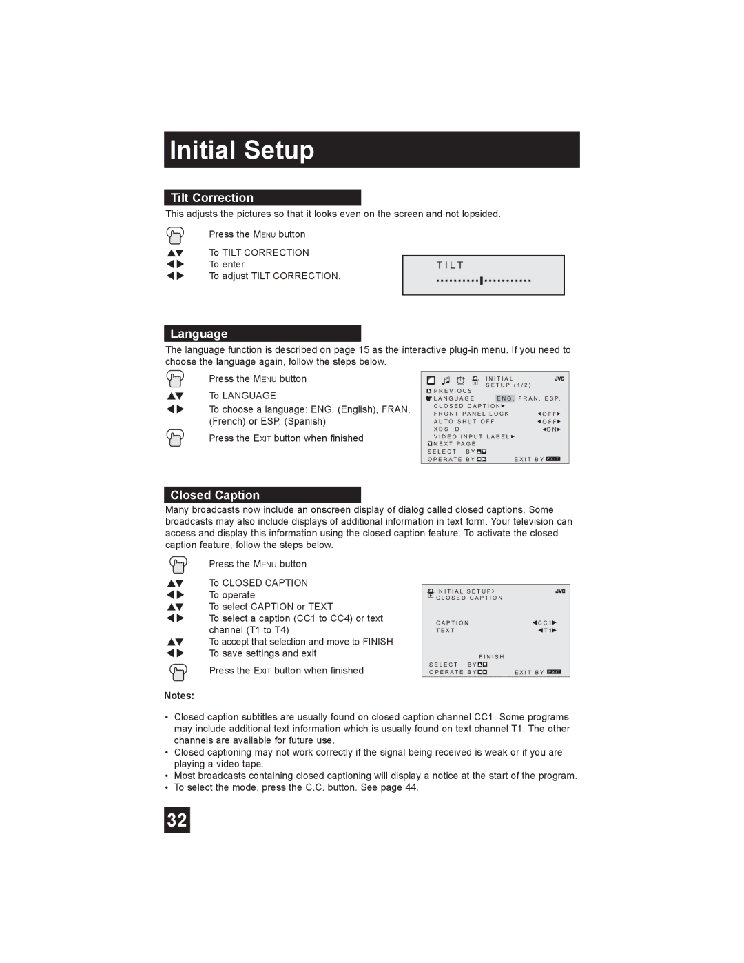 JVC AV-30W475 manual Tilt Correction, Language, Closed Caption 