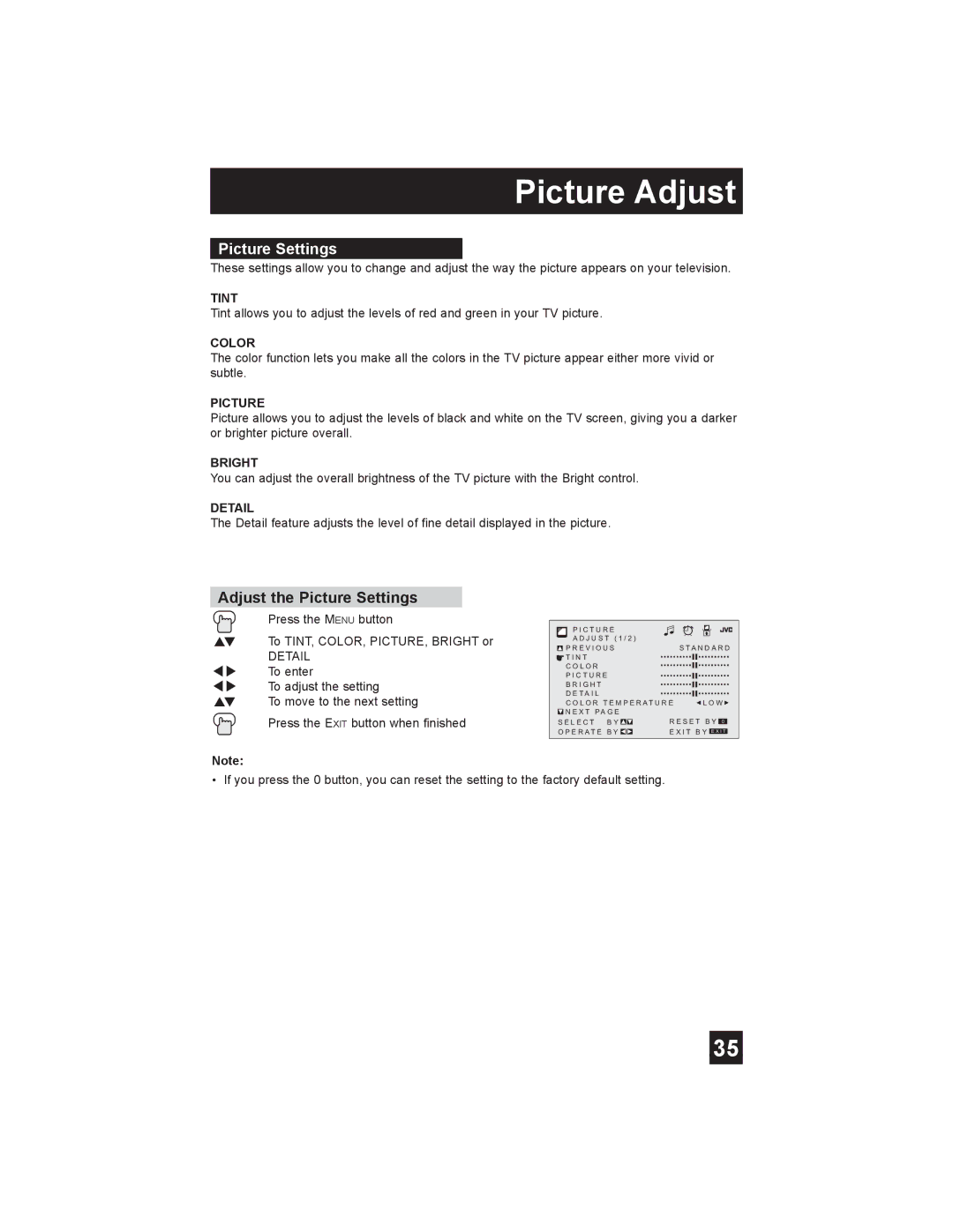 JVC AV-30W475 manual Picture Adjust, Adjust the Picture Settings 