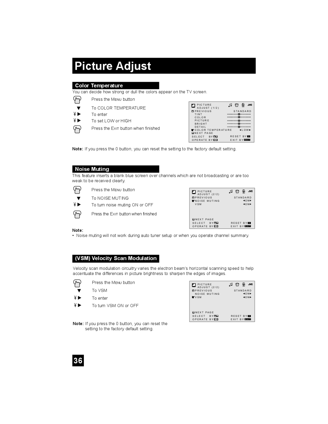 JVC AV-30W475 manual Color Temperature, Noise Muting, VSM Velocity Scan Modulation 