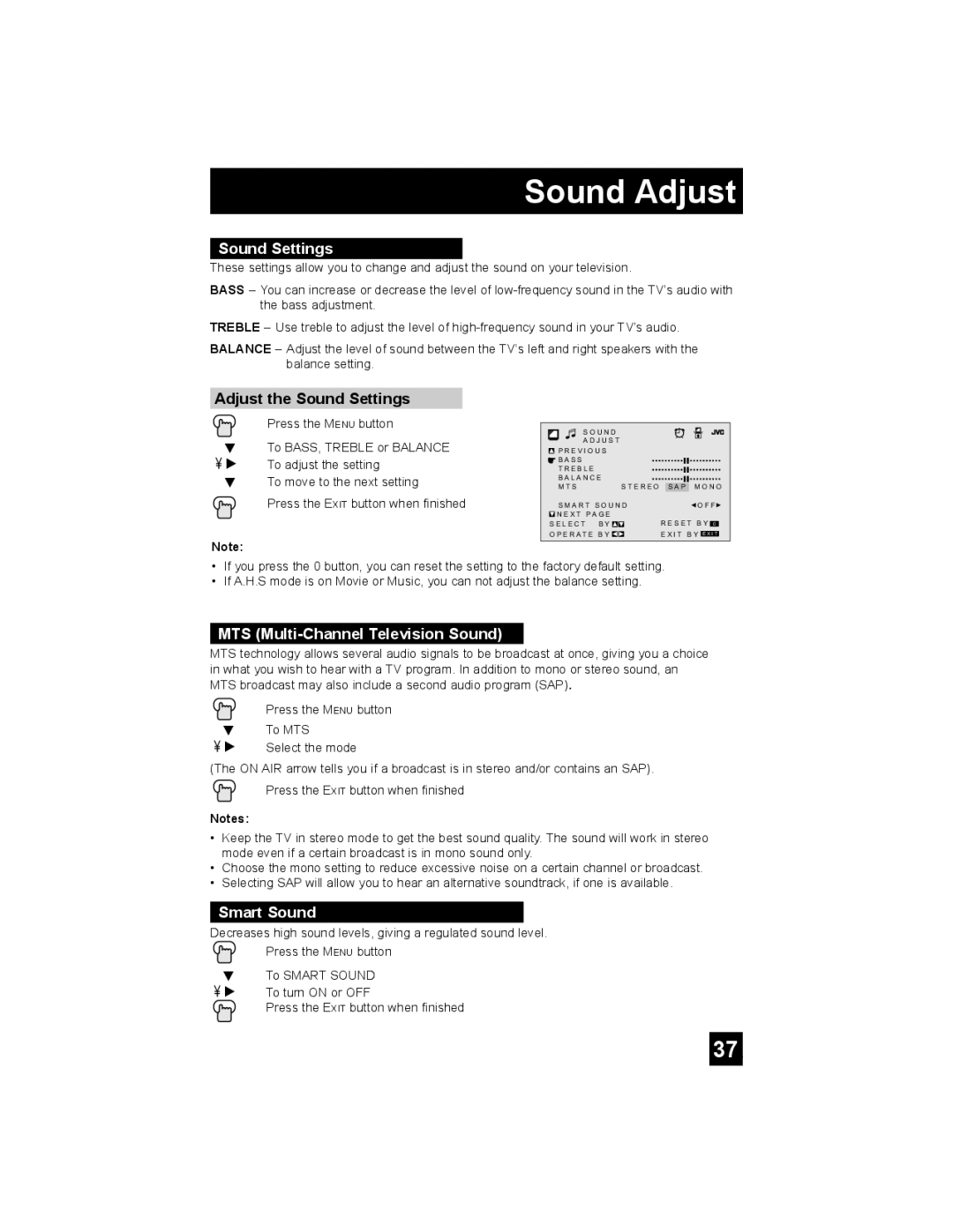 JVC AV-30W475 manual Sound Adjust, Adjust the Sound Settings, MTS Multi-Channel Television Sound, Smart Sound 