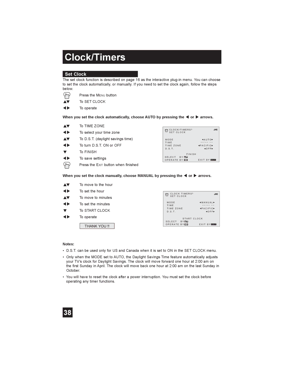 JVC AV-30W475 manual Clock/Timers, Set Clock 