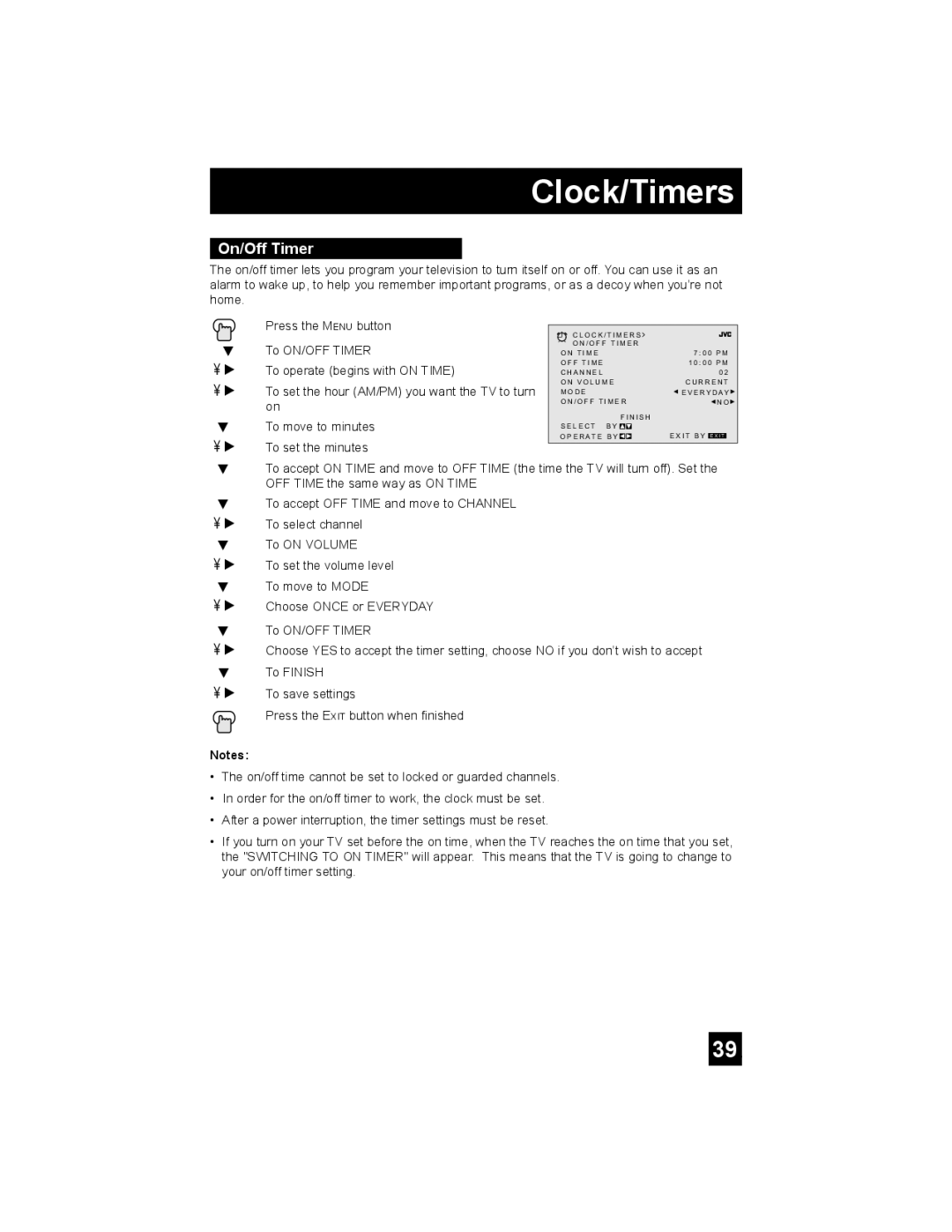 JVC AV-30W475 manual On/Off Timer 